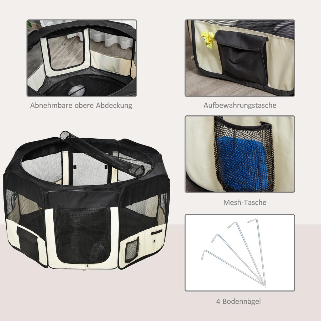 Puppy Playpen Foldable Mesh Cover Dog Playpen Breathable Mesh diameter 120 x 58H cm Black+Cream White