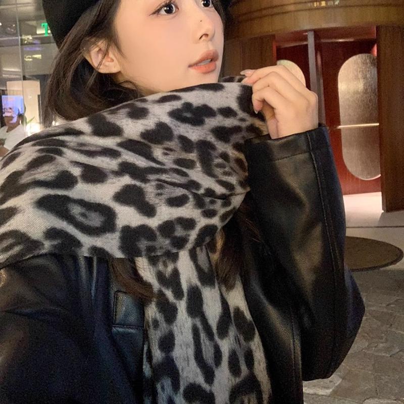 Leopard Print Thickened Warm Fleece-Like Cashmere Scarf Autumn Winter European & Korean Style Fashion Versatile Fringed Shawl