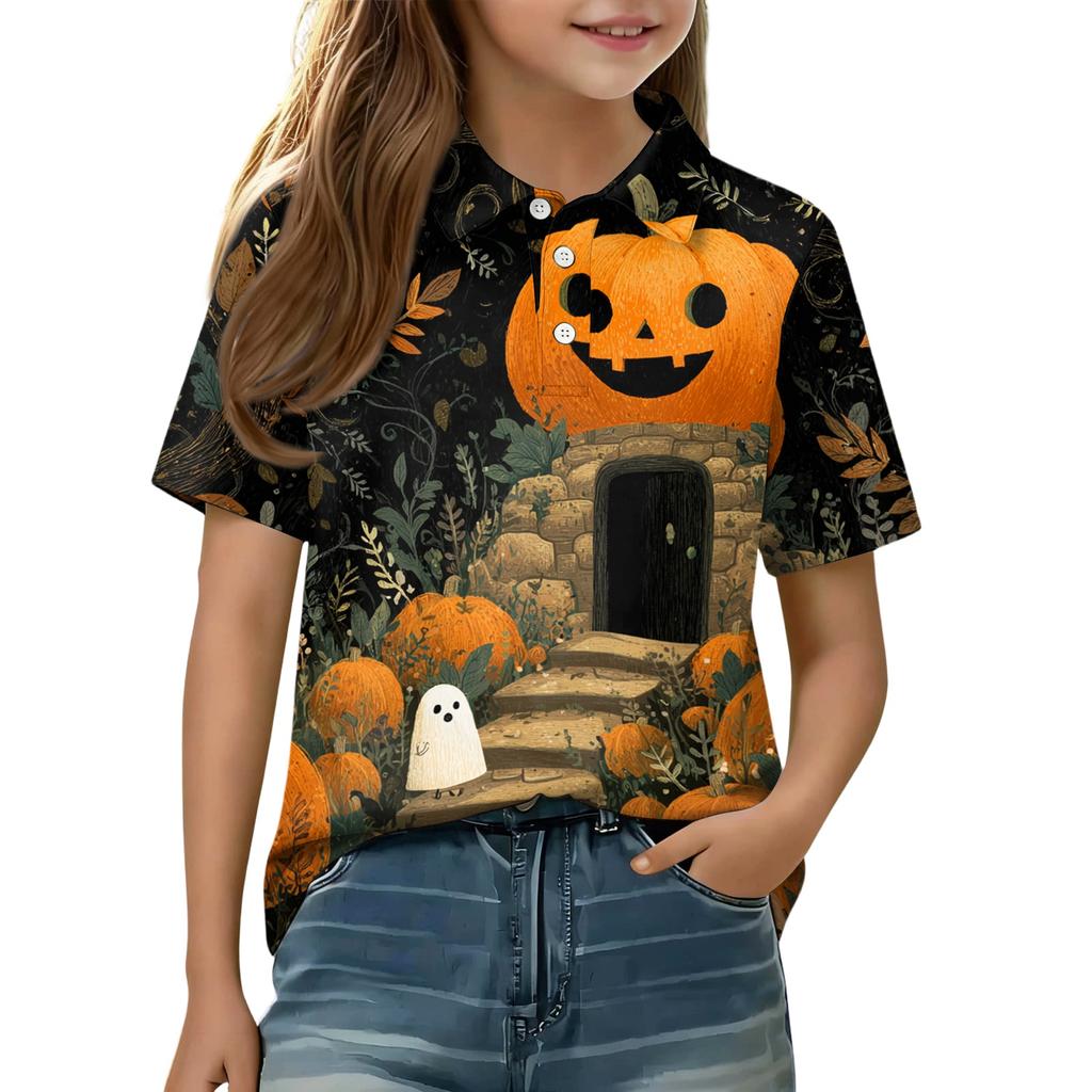 Kids Halloween Print Polo Shirt Short Sleeve Casual Tee Top with Button Collar for Boys Girls Comfortable Fit