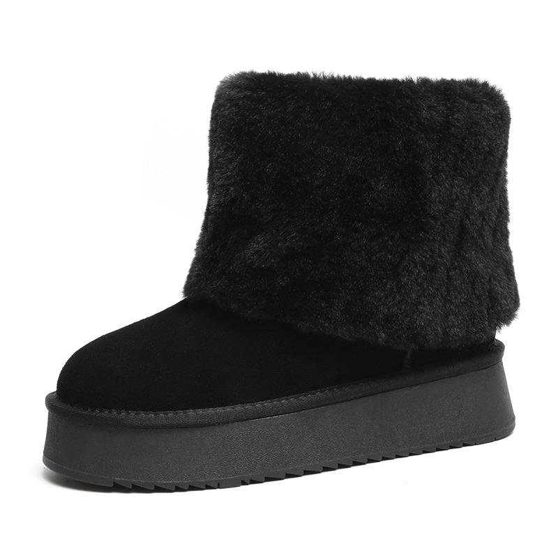 Snow Boots, Women's Fur and Fur Integration, Winter New Fleece Thickened Cotton Boots, Flat Soles, Warm Cotton Shoes, Women's Middle Weight