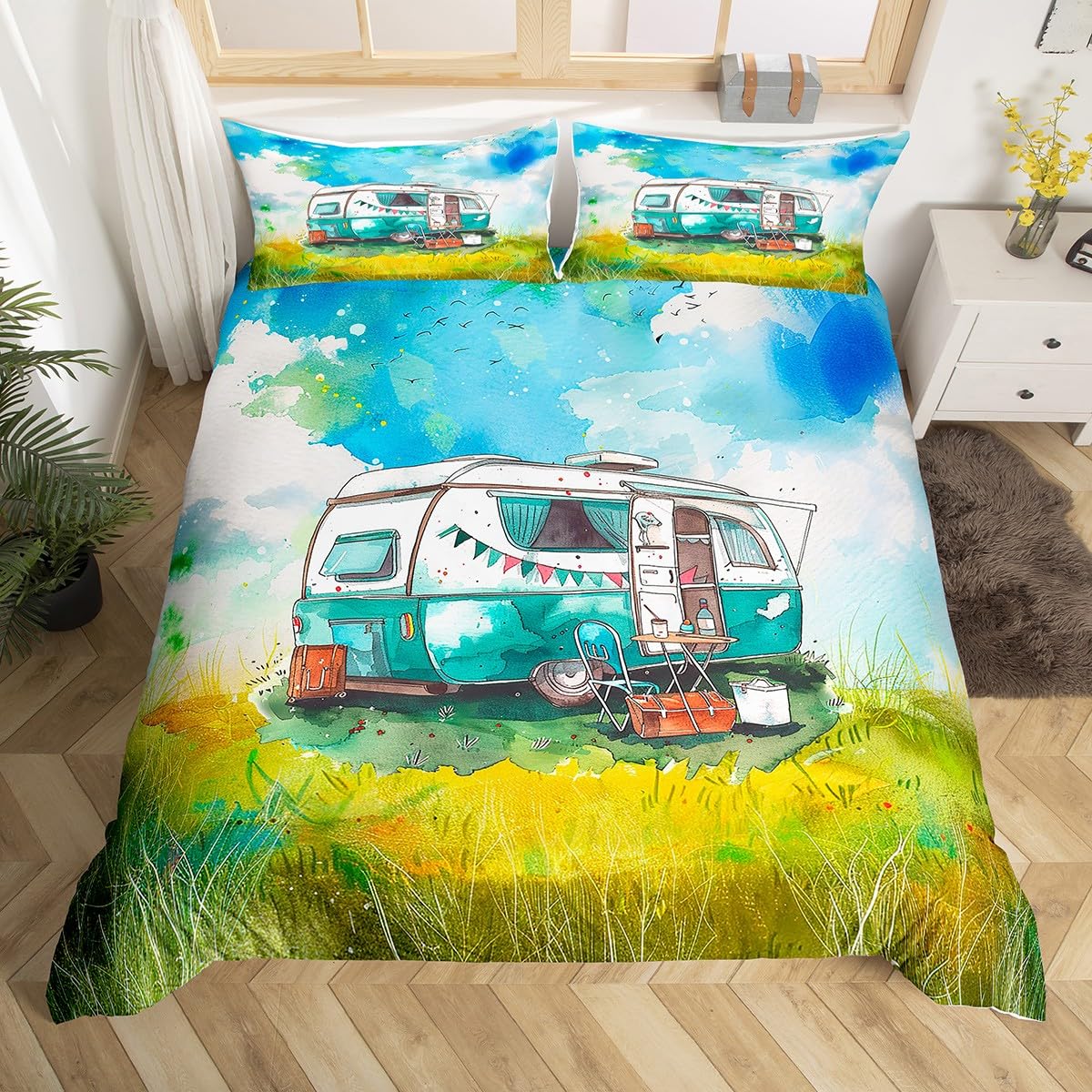 

Щасливий Кемпінг Підодіяльник Кемпер Набір постільної білизни Рослини Відпочинок Подорож Пригоди Підодіяльник Кемпер Автомобіль Синє небо Підодіяльник EU Single(135*200cm)3pcs
