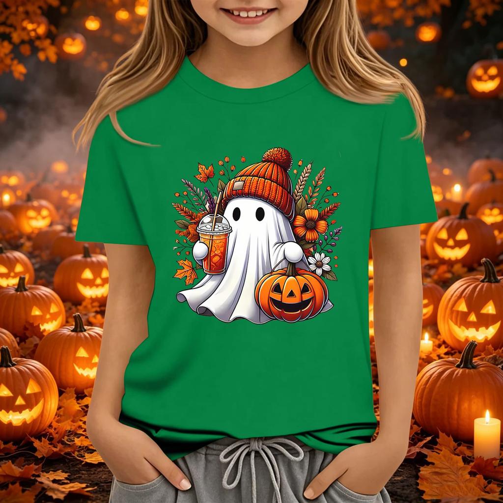 Kids Halloween Printed Short Sleeve T-Shirt Neck Relaxed Fit Casual Top for Boys and Girls