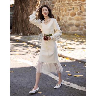 Demana Faux Two-Piece Pearl Mesh A-Line Midi Dress