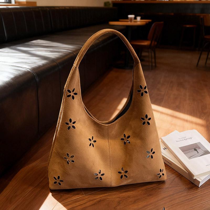 Floral Cutout Suede Hobo Bag with Open Top Design Large Capacity Fashion Shoulder Bag