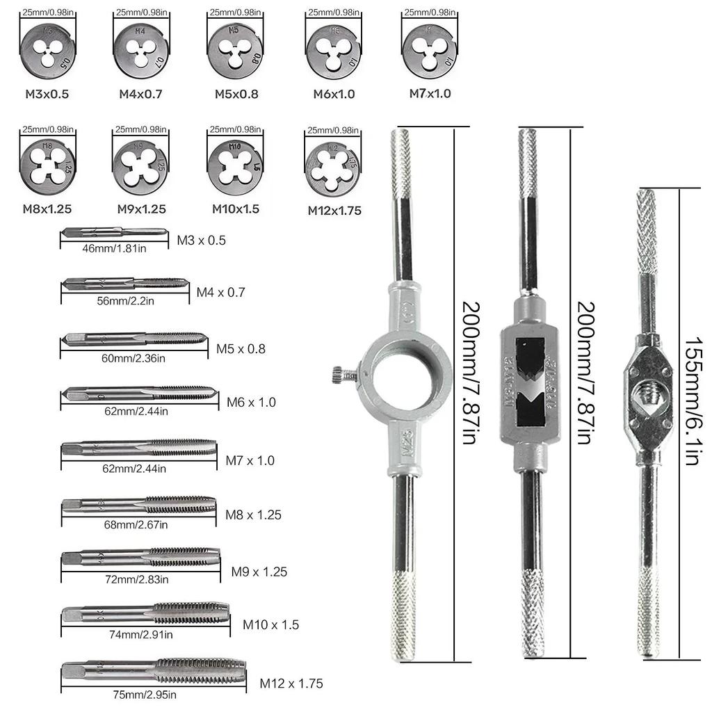 Multifunction Tap and Die Set 20Pcs M3-M12 Metric Screw Thread Plugs Hand Screw Taps Straight Taper Tapping and Thread Tools