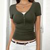 T-shirt Casual da Donna Scollo a V Bottoni Arricciata Manica Corta Vestibilità Aderente
