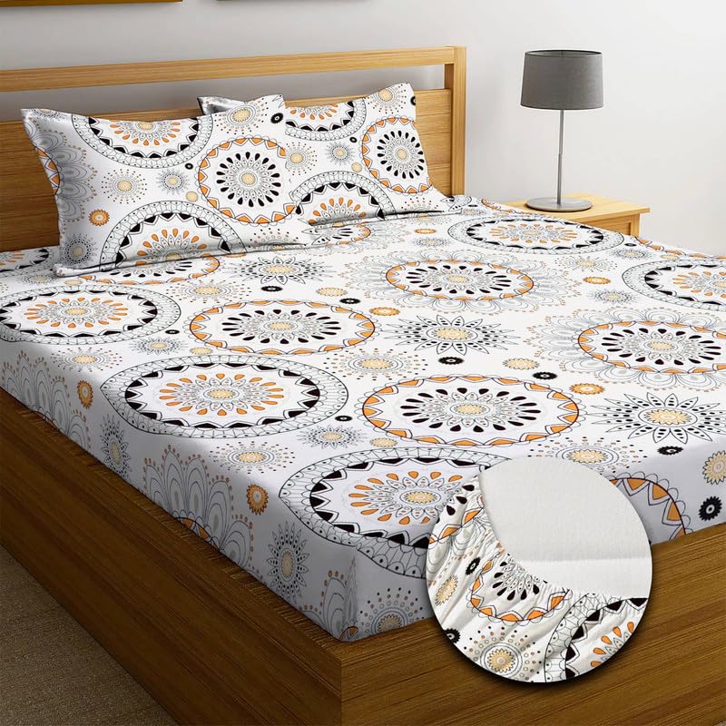 Premium Cotton Elastic Fitted Bedsheets  | Size: Bedsheet - 198.12CM x 182.88CM + 25.4CM (Drop) Pillow Cover -  46 cm x 68 cm