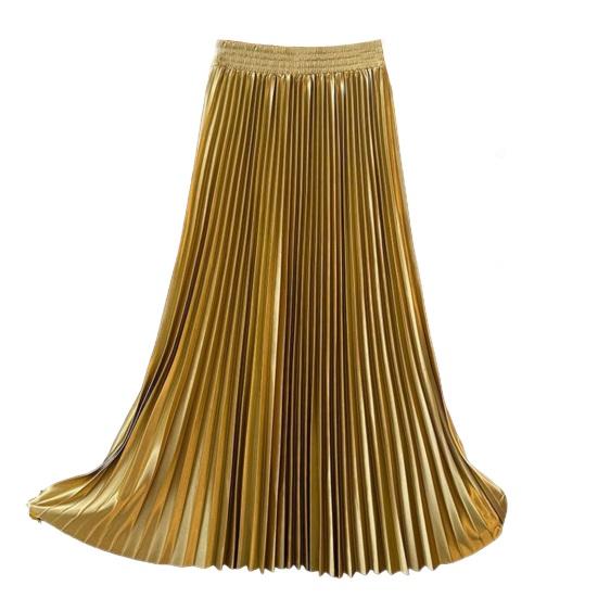 Maxi Skirt High Waist Glossy Long Skirt Solid Color Pleated Design Large Hem Dance Skirt Work Leisure Daily Wear