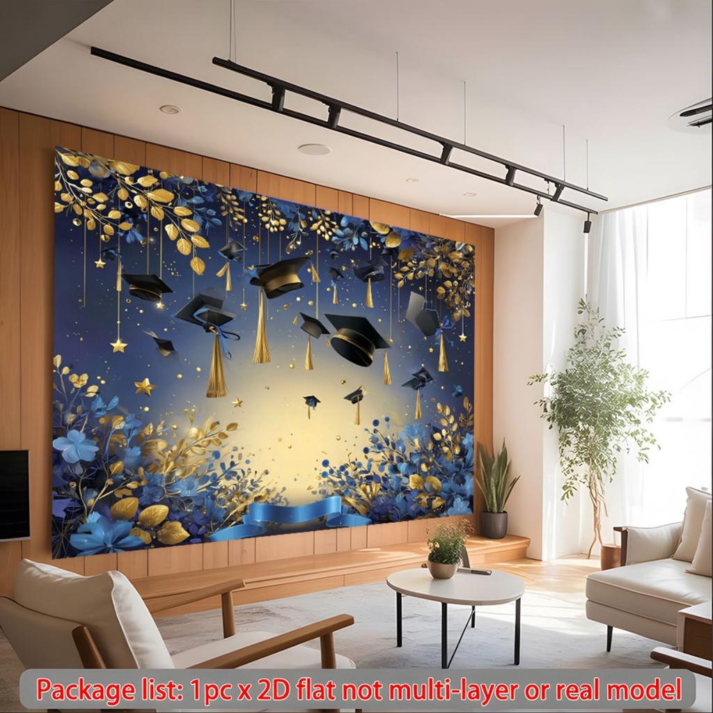 2D Flat 2D Flat - 2D Flat 2D Flat - 1pc 2D Flat Elegant Graduation Backdrop Black Graduation Gold Blue Gold Floral Decor Stars
