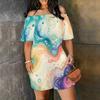 Women Plus Size Off Shoulder Short Sleeve Galaxy Marble Print Romper Loose Fit Side Pockets
