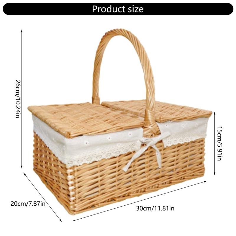 Handwoven Picnic Hamper with Lid and Liner Handwoven Storage Basket for Vegetables and Fruit Home Decoration Tool