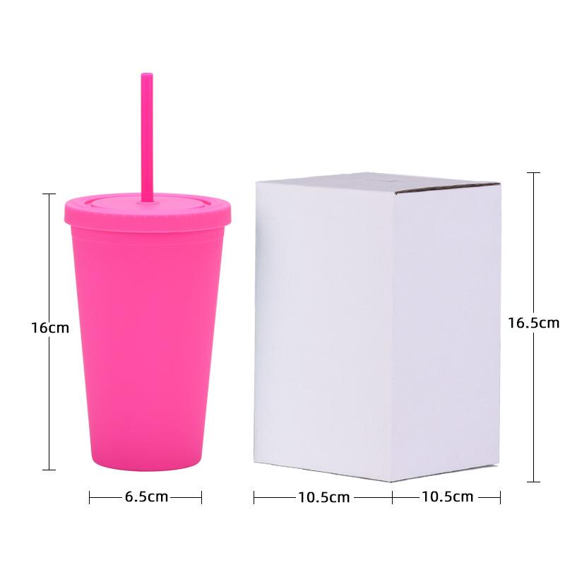 Candy Color Double-Layer Plastic Straw Cup 16Oz Drinking Cup Simple Plastic Matte Straw Cup