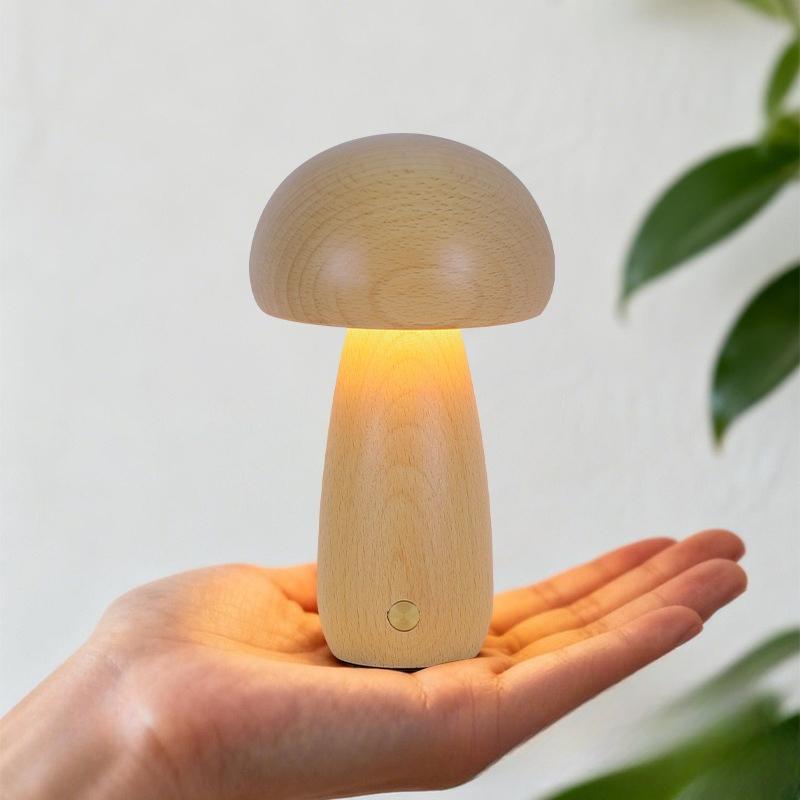 1Pc Ns Solid Wood Mushroom Desk Lamp LED Charging Night Light Creative Gift Desk Lamp Bedroom Simple Touch Atmosphere