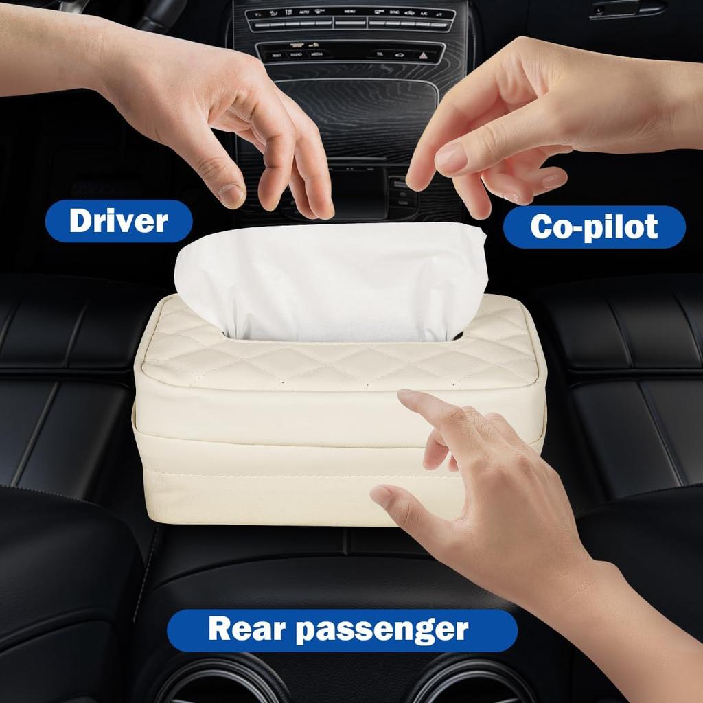 Car Tissue Holder, Standard PU Leather Napkin Organizer For Backseat, Extra Large Fits 120-150 Tissues Per Box, 9.84'' X 3.94'' X 5.51'' (Beige)