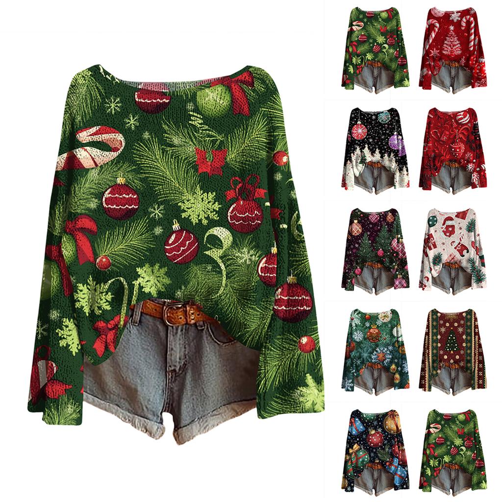 Women's Christmas Print Lightweight Sweater Casual Long Sleeve Knitted Pullover