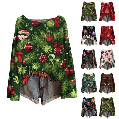 Dam Jultryck Lättviktströja Casual Långärmad Stickad Pullover