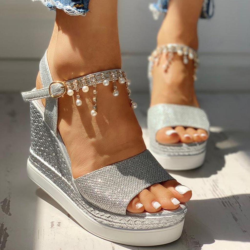 Women Ladies Fashion Wedges Platforms Crystal Pearl High Heels Shoes Sandals