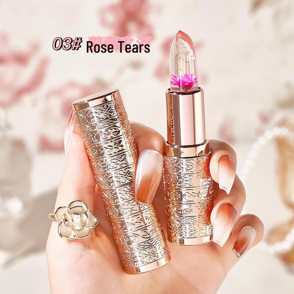 Petal Flower Color-Changing Jelly Lipstick with Gold Foil: Non-Stick, Long-Lasting, Moisturizing Formula.