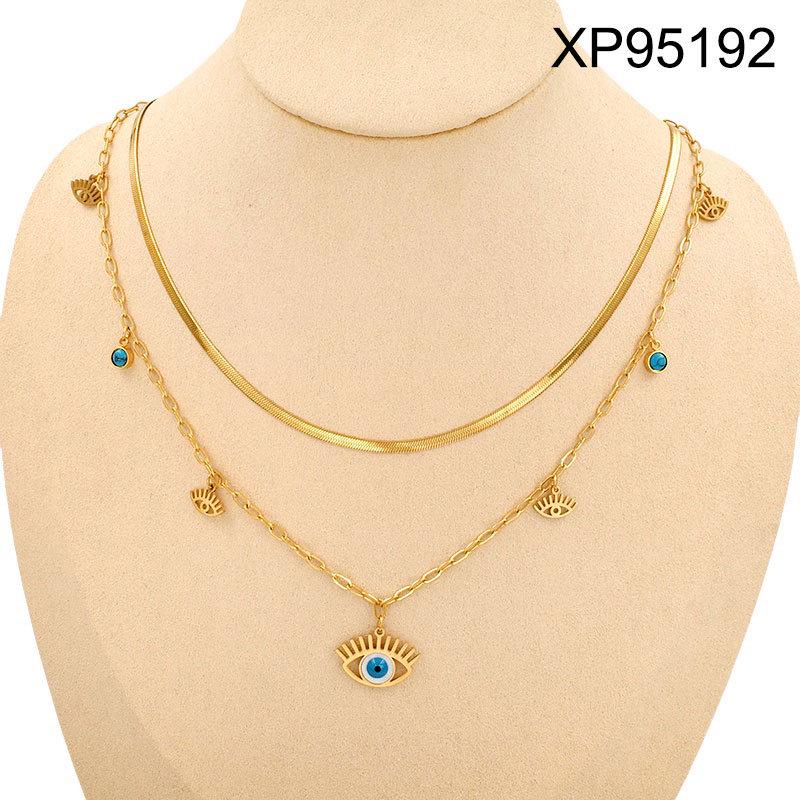 European & American Fashion Titanium Steel Double Layer Clavicle Necklace with Eye & Star Pendant for Women.