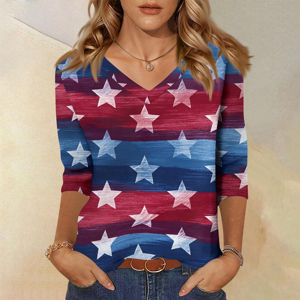Women's Fashionable Casual Independence Day American Flag and Stars Print V-Neck Three-Quarter Sleeve T-Shirt Top