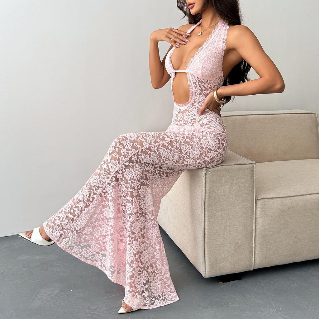 Women's Sexy Solid Color Halter Neck Hollow Out Sheer Lace Slim Fit Mermaid Maxi Evening Party Dress