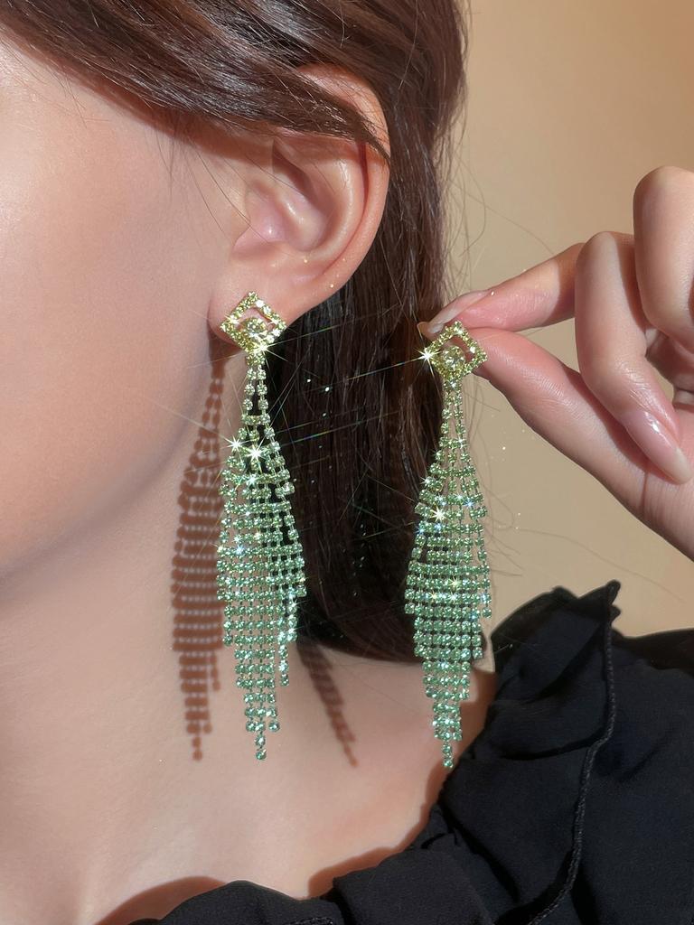 Fashion Gradual Change of Color Super Flash Full Diamond Long Fringed Earrings