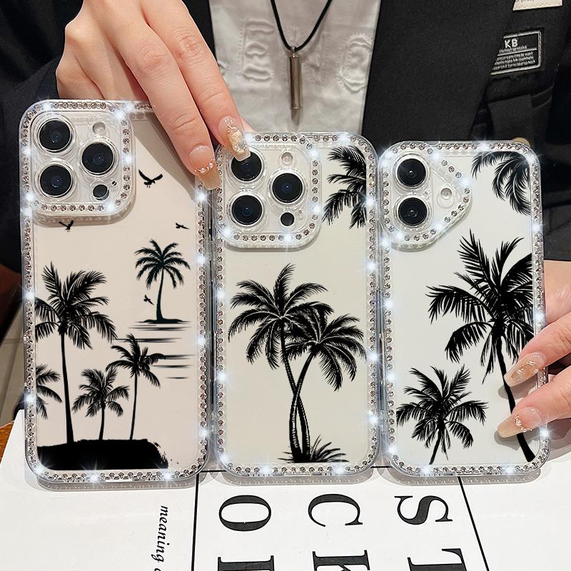For iPhone 16 16E 15 Pro Max 14 Pro 13 12 11 Case Diamond Frame Coconut Tree Print Clear Shockproof Lens Protection Soft Silicone Phone Cover Shell