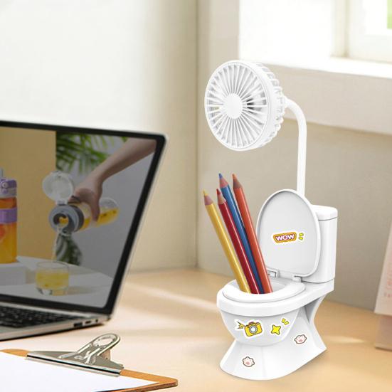 Ventilador USB de Escritorio con Forma de Inodoro con Portalápices Pegatinas DIY Lindo Mini Ventilador de Refrigeración para Oficina Hogar Gadget Flexible Regalo para Decoración de Escritorio