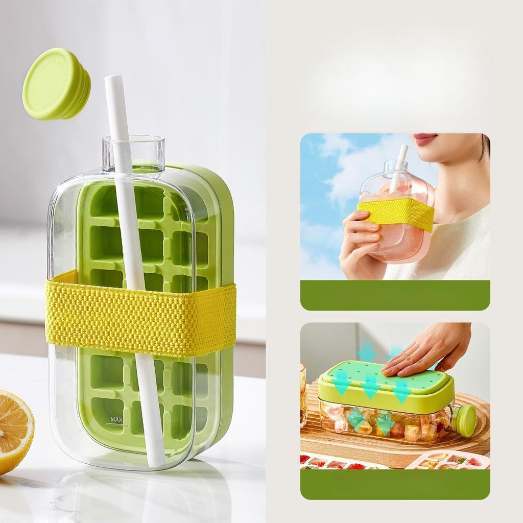 2in1 Ice Tray Water Bottle Portable Silicone Summer Ice Cube Tray With Straw Pressing Mould Ice DrinkBottle Outdoor Beverage Cup
