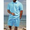 Men's Casual Breathable Button-down Placket Polo Shirt Solid Color High-quality Stand-up Collar Short-sleeved Shorts Set