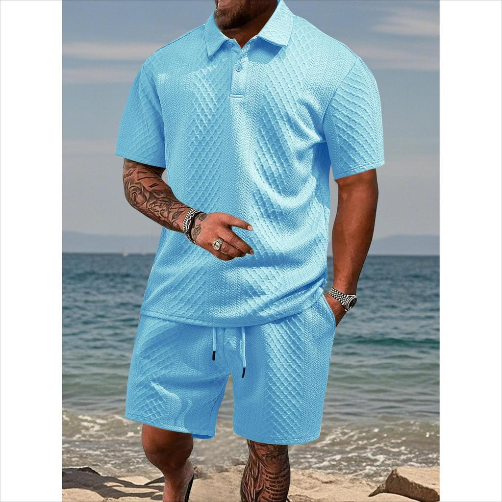 Men's Casual Breathable Button-down Placket Polo Shirt Solid Color High-quality Stand-up Collar Short-sleeved Shorts Set