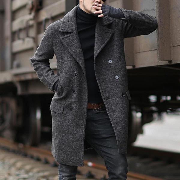 2020 Winter Mid-length Double-breasted Men's Lapel Woolen Trench Coat