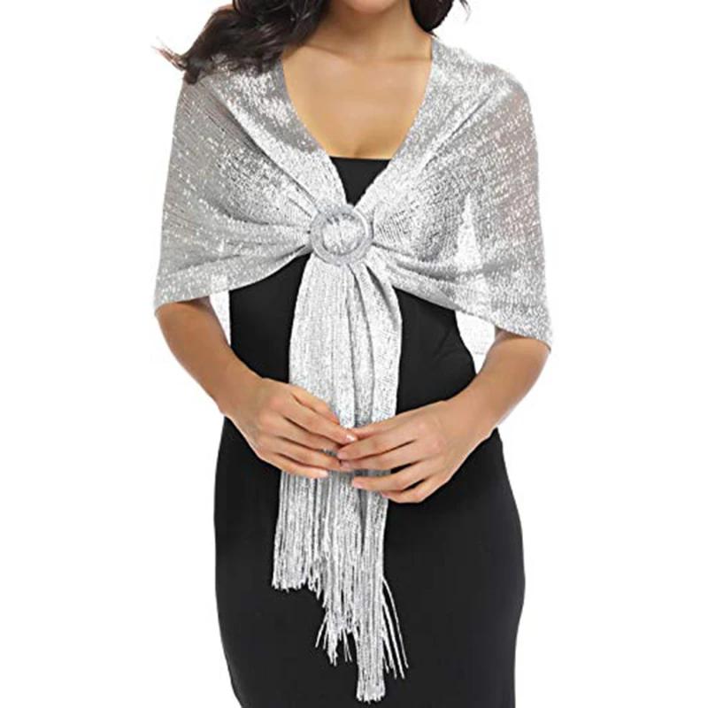 Shiny Round Buckle Tassel Wraps Scarf – European and American Fashion Trend for Evening Party, Dance, Wedding, and Beach Getaway