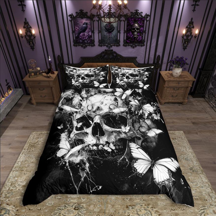 Homewish Spooky Halloween Skull Duvet Cover SetCute Butterflies Bedding SetPurple Black Bed Set For Girls Boys
