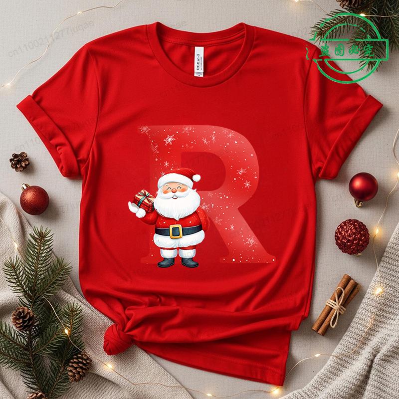 Christmas SantaAlphabet Letter Print T-shirt Short Sleeve Crew Neck Casual Top Kids Festive Holiday Women's Clothing Top