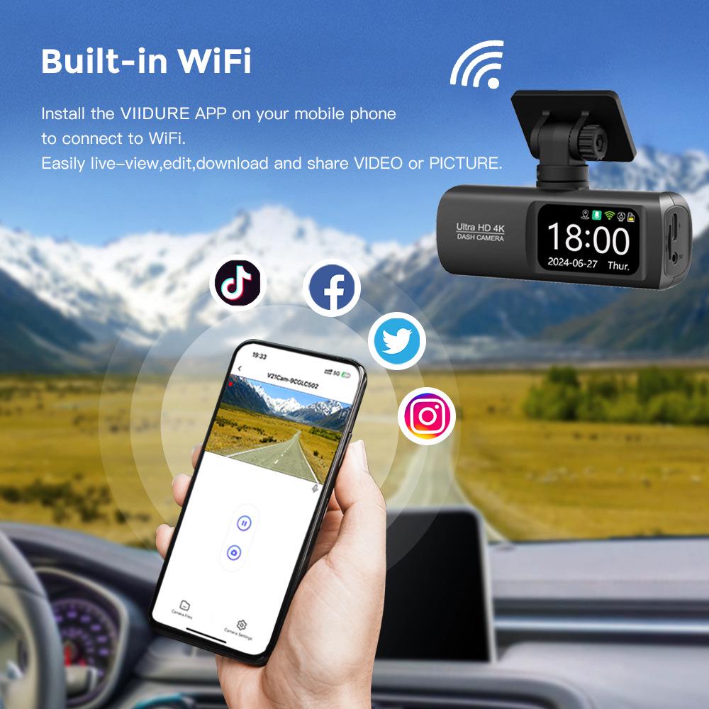 V22 4K Dual-Lens Dash Cam with GPS & Reversing Cam, Front & Rear Recording, Mobile App Integration