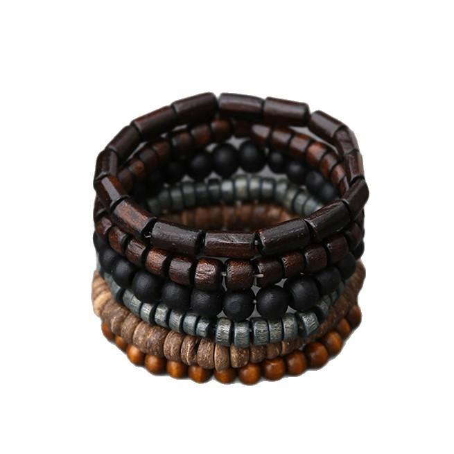 Handmade Beaded Bracelet Men Vintage Multi-Layer Elastic Cord Coconut Wood Beads Adjustable Buddhist Prayer Mala Jewelry Gift