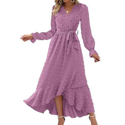 Women Dress Dot Applique Solid Color V Neck Belted Tight High Waist A-line Irregular Ruffle Hem Bohemian Flowy Wedding Party Maxi Dress