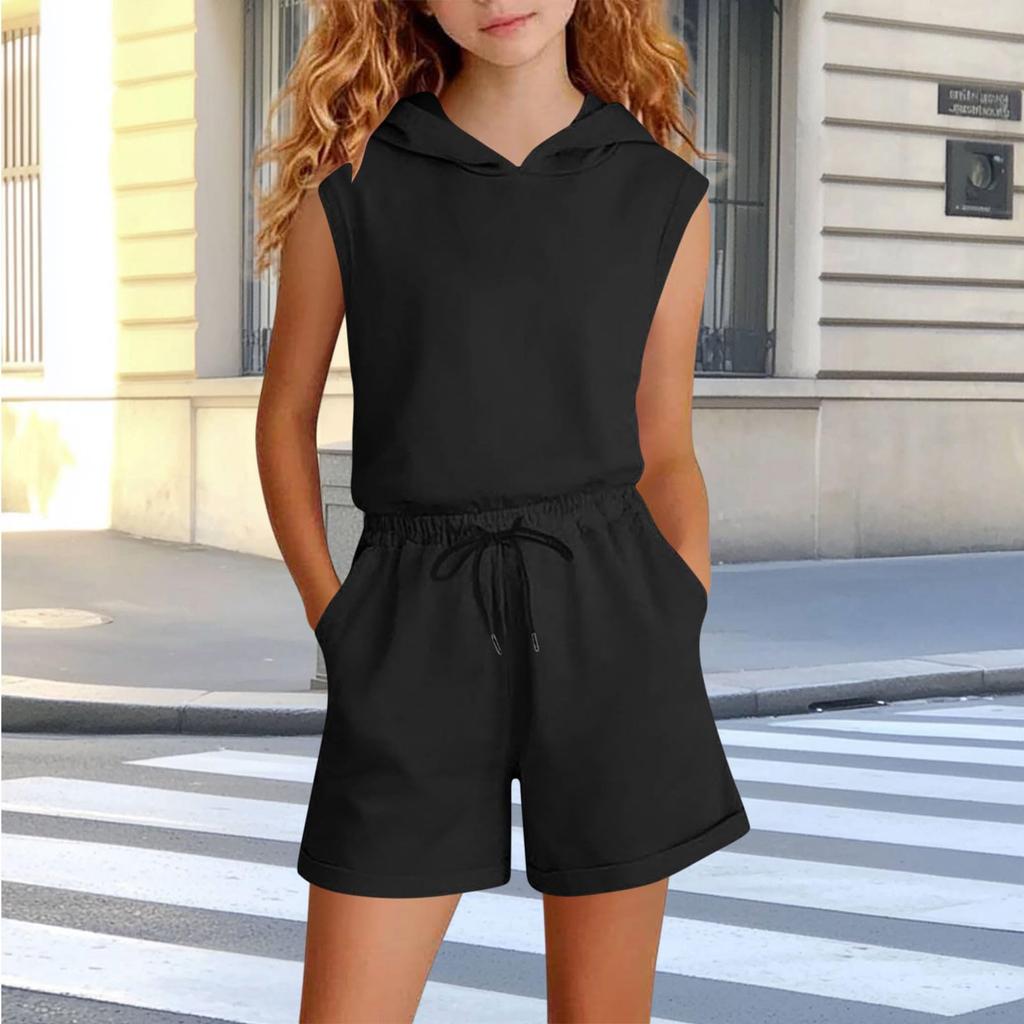 Kids Sleeveless Hoodie and High Waist Wide Leg Shorts Two Piece Set Casual Comfortable Summer Outfit for Girls