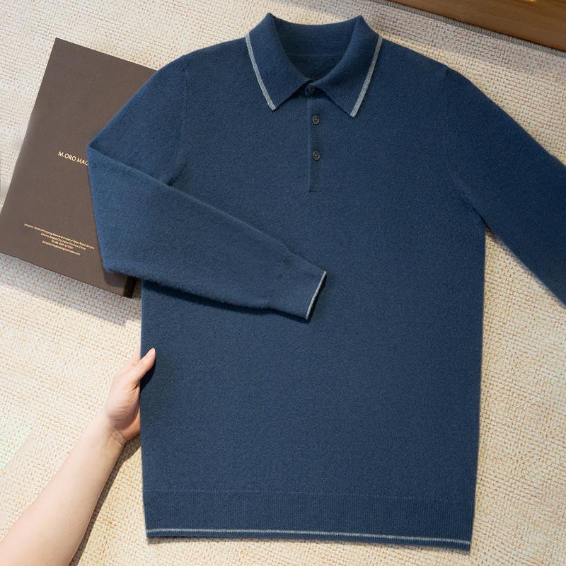 Herren 100% Kaschmir Langarm Colorblock Polo Pullover