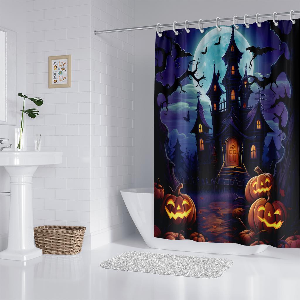 1 Piece Of 180X180Cm Shower Curtain With Halloween Castle Pumpkin Pattern Printed Partition Bathroom Waterproof And Mildew Proof