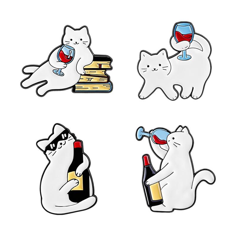 Wine Glass Cat Enamel Pins Custom Cat Drinking Brooches Lapel Badges Clothes Animal Jewelry Gift for Kids Friends