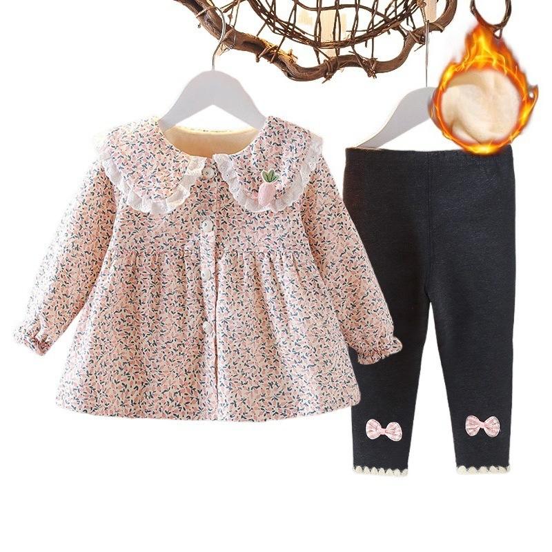 Girls' Autumn and Winter Style Suit Plus Velvet Floral Skirt for Baby Girl Two-piece Set Thickened Infant and Toddler Coat