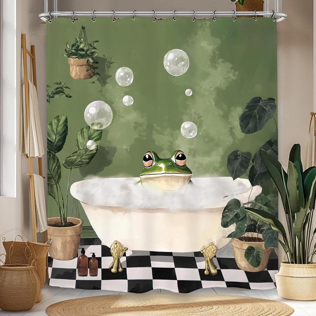 Funny Frog Cute Shower Curtain Animal Hilarious Green Plant Vintage Bathroom Set Accessories Decor with 12 Pack Hooks