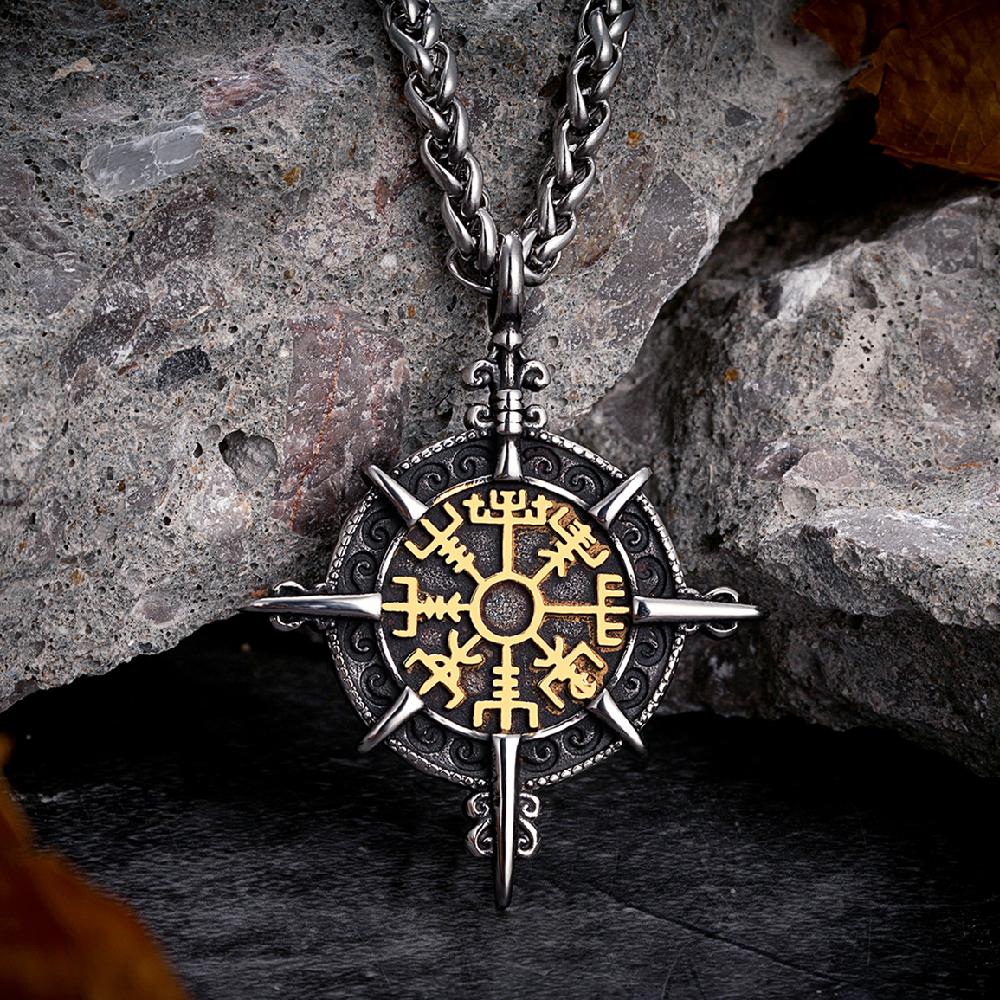 Mens Viking Compass Necklace Stainless Steel Norse Runes Trident Pendant Leather Chain Amulet Jewelry 60cm