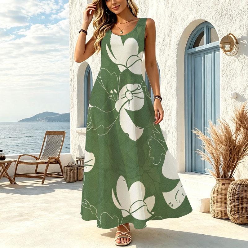 U-Neck Summer Long Dress,Loose Fit Lightweight Flowy Maxi Skirt Fashion Versatile,Ideal for Beach Vacation & Daily Casual
