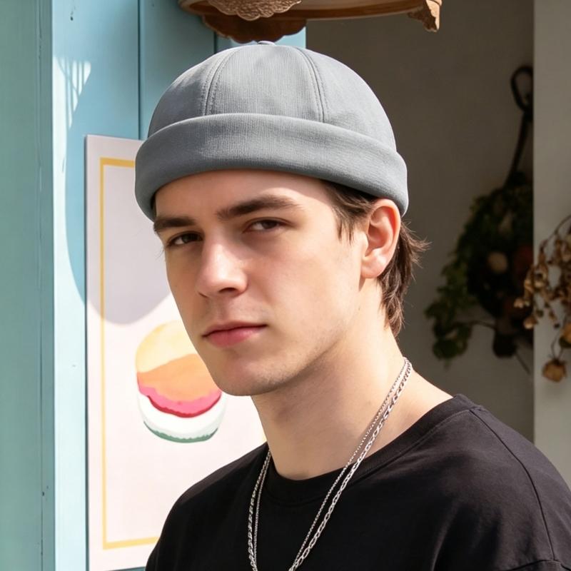Round Brimless Cap for Casual Outfit Styling, Folded Band Docker Hat with Textured Woven Design, Adjustable Skull Hat for Women Men