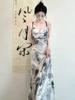Ink painting suspender dress children's summer new new Chinese backless temperament design long dress summer wear