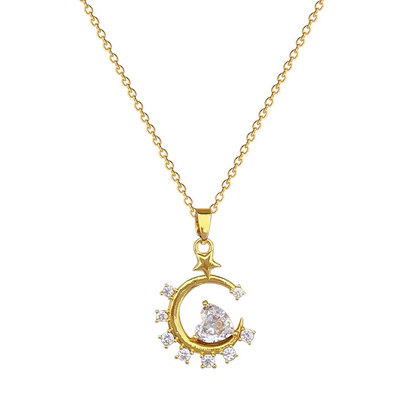 Moon Star Love Light Luxury Temperament Gorgeous Full Diamond Necklace Female Versatile Collarbone Chain Titanium Steel Chain