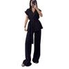 2026 Women's Fashion Sleeveless Turn-Down Collar Top & High Waist Two-Piece Set - Solid Color Autumn Collection